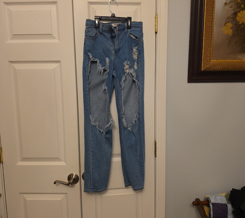 Vibrant Light Blue Distressed Straight-Leg Jeans